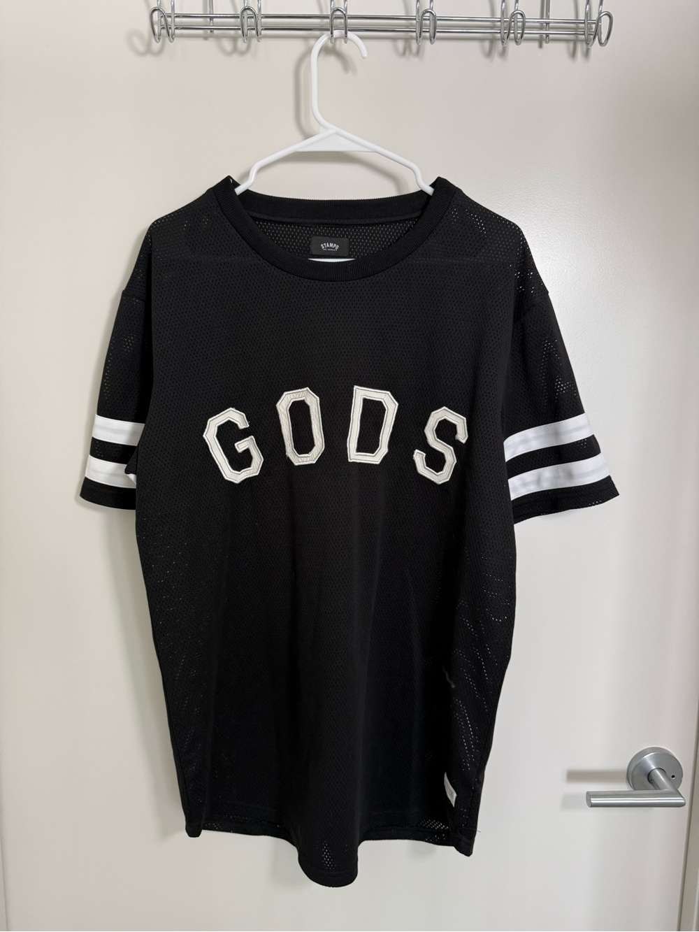 Stampd Black Mesh Tee with White Lettering and Sleeve Stripes